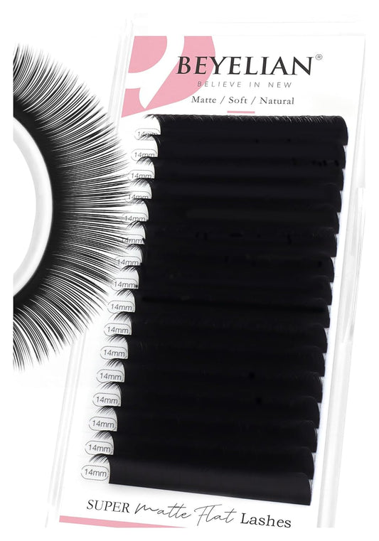 BEYELIAN Flat Eyelash Extension, Ellipse Lash Extensions 0.20 C Curl 14mm 16 Rows Matte Black Eyelash Extension Supplies Classic Lash Extensions Individual Eyelashes Salon Use