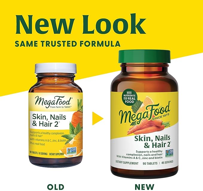 MegaFood Skin, Nails & Hair 2 - for Women & Men - Biotin, Vitamin A, C, Zinc, Vitamin B6, E, Pantothenic Acid - Vegan - Made Without 9 Food Allergens - 60 Tabs (30 Servings)