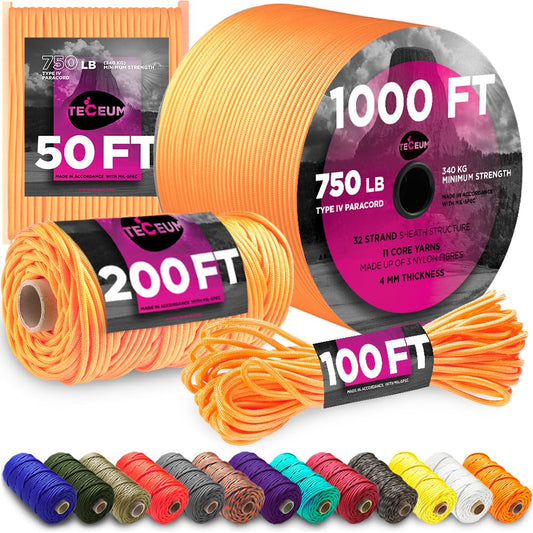TECEUM Paracord Type IV 750 lb Apricot – 50 ft – 4mm – 100% Nylon Strong Tactical MIL–SPEC Parachute Cord – Survival Rope Emergency para Cord 11 Strands Core EDC Camping Hiking Military Gear 085a