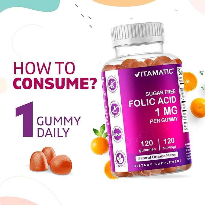 Vitamatic Folic Acid Gummies 1000 mcg (1 mg) - an Essential Prenatal Vitamins for Mom & Baby - Vitamin B9-120 Vegan Gummies (1)