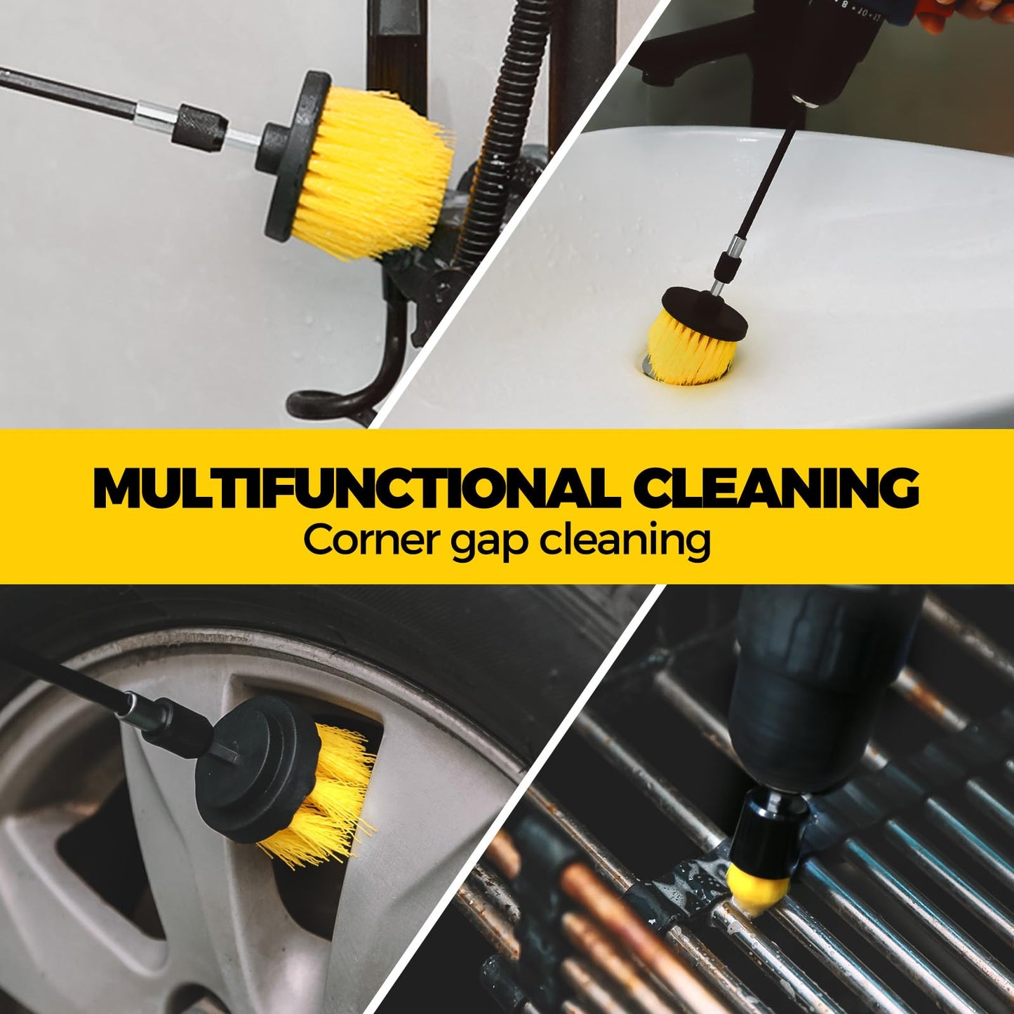 Holikme 6Pack Drill Brush Power Scrubber Cleaning Brush Extended Long Attachment Set All Purpose Drill Scrub Brushes Kit for Grout, Floor, Tub, Shower, Tile, Bathroom and Kitchen Surface，Yellow