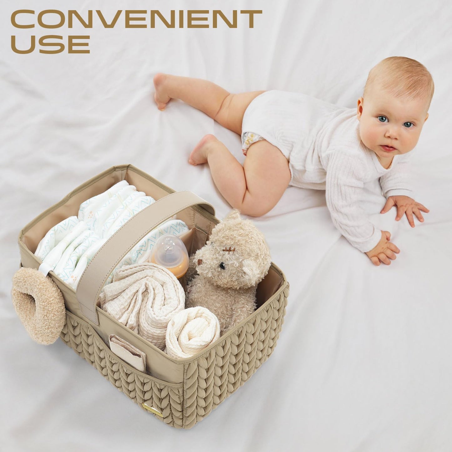 LUKJOJO Luxurious Baby Diaper Caddy, Nursery Storage Basket for Newborn Essentials, Travel Baby Basket for Diapers Baby Wipes, Organizer Tote Bag Storage Bin, Baby Shower Gifts(Beige)