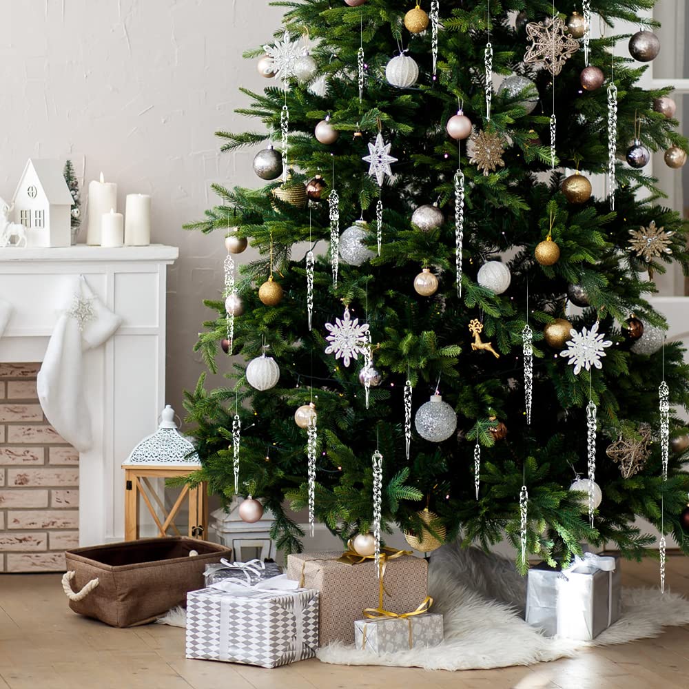 DULEFUN 24pcs Christmas Tree Crystal Decorations 4 Styles Clear Acrylic Xmas Tree Icicle Hanging Ornaments for Christmas New Year Holiday Wedding Winter Party Decor