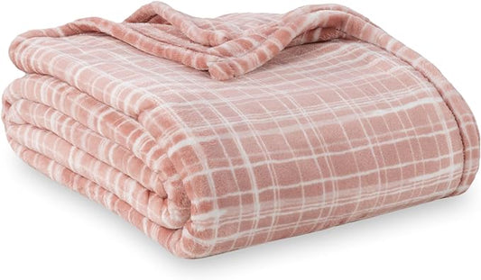 Berkshire Blanket-Classic Heavyweight Warm Soft Printed VelvetLoft® Plush Blanket, King Size Soft Fuzzy Blanket for Couch Sofa Bed, Watercolor Plaid Blush, 90in x 108in
