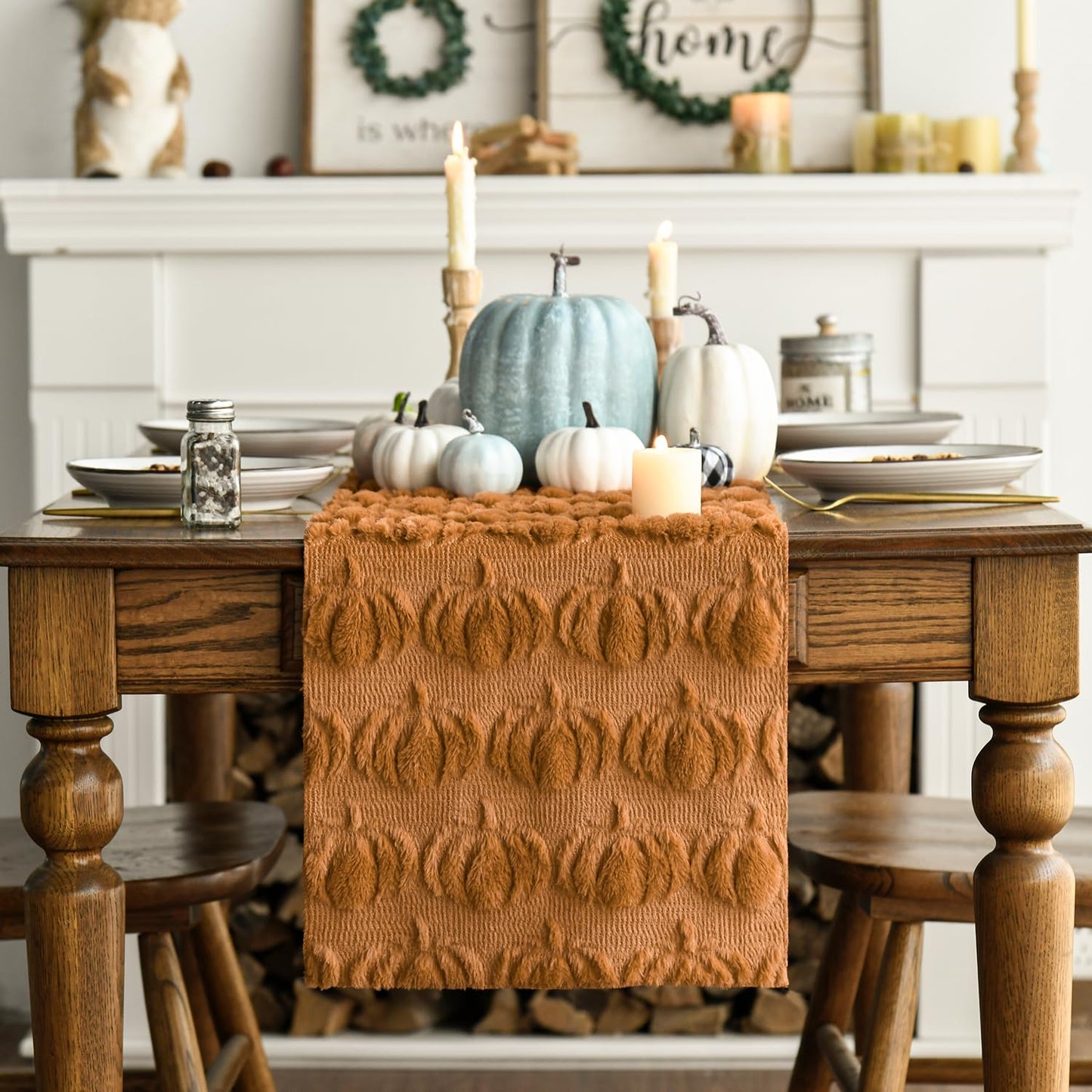 Artoid Mode Caramel Soft Plush Faux Fur Jacquard Pumpkins Fall Table Runner, Seasonal Autumn Kitchen Dining Table Decoration for Home Party Decor 13x72 Inch