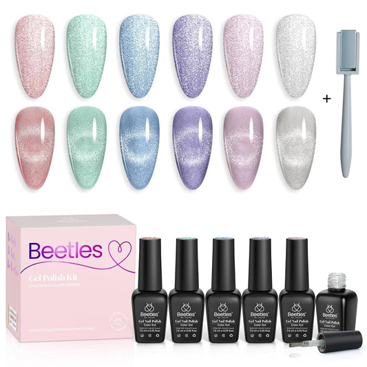 Beetles Cat Eye Gel Nail Polish, 6 Colors Glitter Gel Polish Kit Silver Pink Blue Purple Red Green Velvet Set with Magnet Soak Off UV French Nail Art Romantic Galaxy Series Gift for Women
