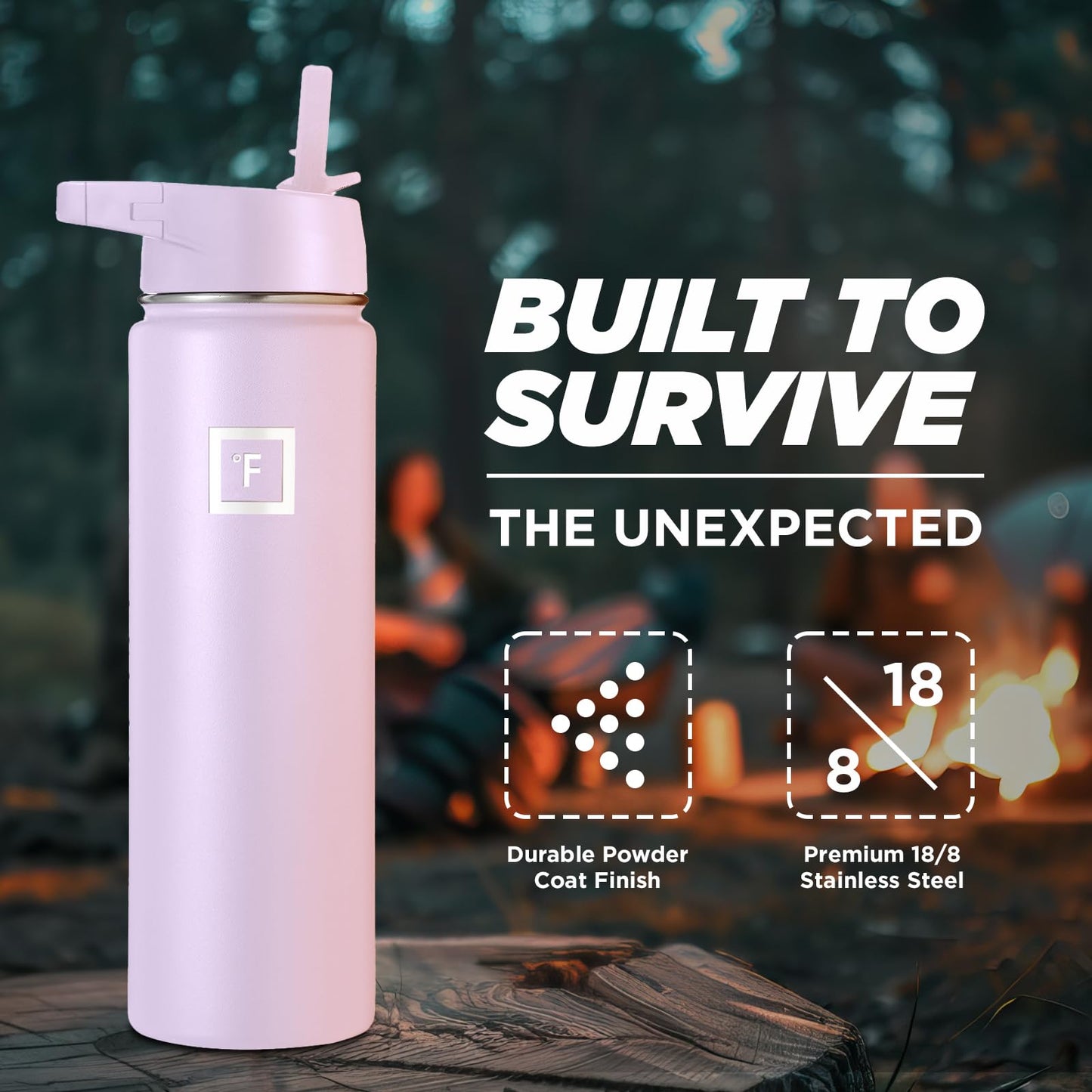 IRON °FLASK Camping & Hiking Hydration Flask, Wide Mouth, 3 Straw Lids, Stainless Steel Outdoor Water Bottle, Double Walled, Insulated Thermos, Metal Canteen - Lavender, 18 Oz