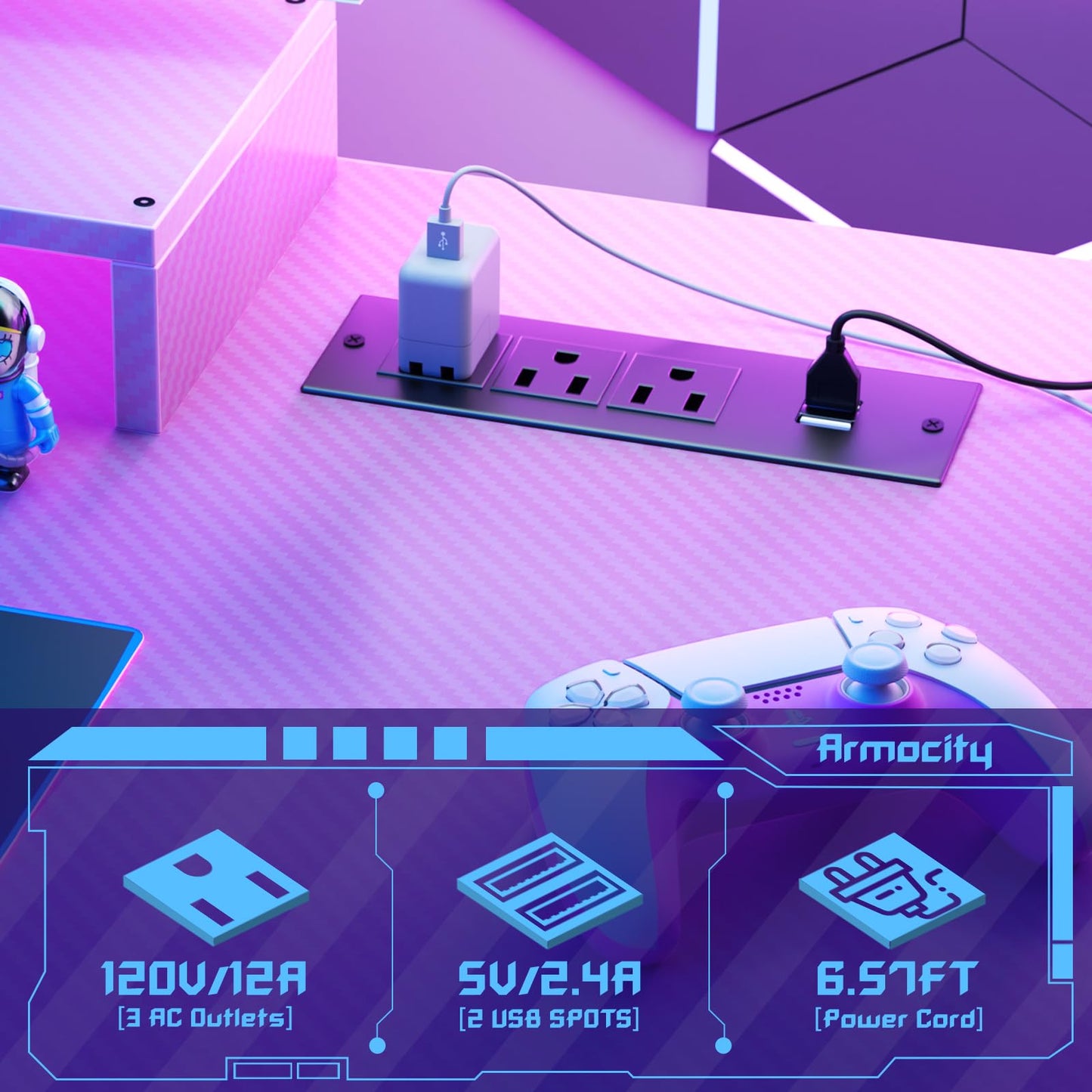 Armocity Gaming Computer Desk with Power Outlets, Gaming Desk with Hutch and LED Lights, Reversible PC Gaming Desk with Pegboard, Carbon Fiber Pink, 47"
