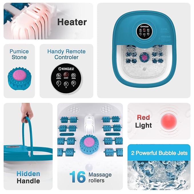 Collapsible Foot Spa Bath with Heat, Remote Control, Temperature Control, Bubbles, Red Light, Pumice Stone, 16 Massage Roller Pedicure Foot Spa Tub Foot Soaker for Soothe & Relax Tired Feet