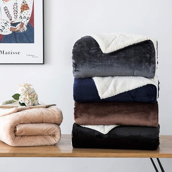 IR Imperial Rooms Sherpa Fleece Throw Blanket Twin Size for Couch - Thick and Warm Fluffy Blankets Winters, Soft and Fuzzy Twin Blanket for Bed and Sofa, Navy, 60x80 Inches
