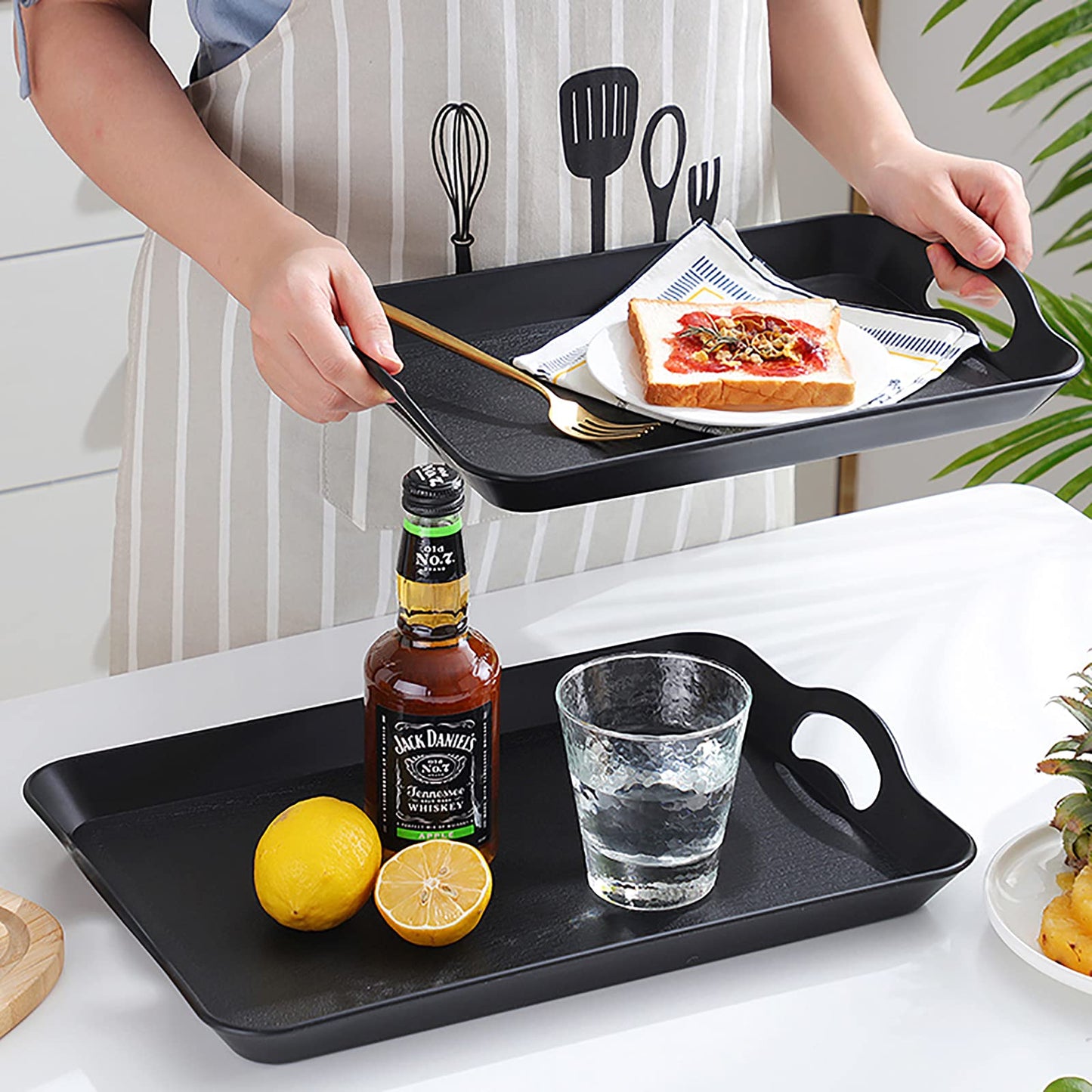 Cedilis 3 Pack Black Serving Trays with Handles,16 x 11IN Rectangular Non Skid Multi-Purpose Plastic OttomanTray for Restaurant, Parties, Coffee Table, Kitchen