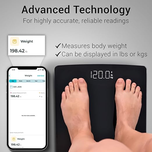 Smart Digital Weight Scale - Accurate Bathroom Electronic Body Measuring - Heavy Duty Wireless Home, Bath Device - Weigh in Pounds, Kilograms, Stones (Black)