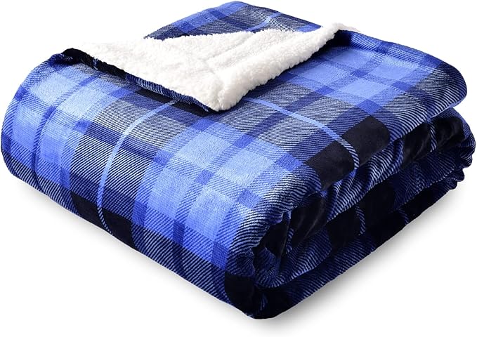 SOCHOW Sherpa Plaid Fleece Throw Blanket, Double-Sided Super Soft Luxurious Bedding Blanket 90 x 90 inches, Blue
