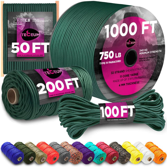 TECEUM Paracord Type IV 750 lb Dark Emerald Green – 50 ft 100% Nylon Strong Tactical MIL–SPEC Parachute Cord – Survival Rope Emergency Para Cord 11 Strands Core EDC Camping Hiking Military Gear 022а