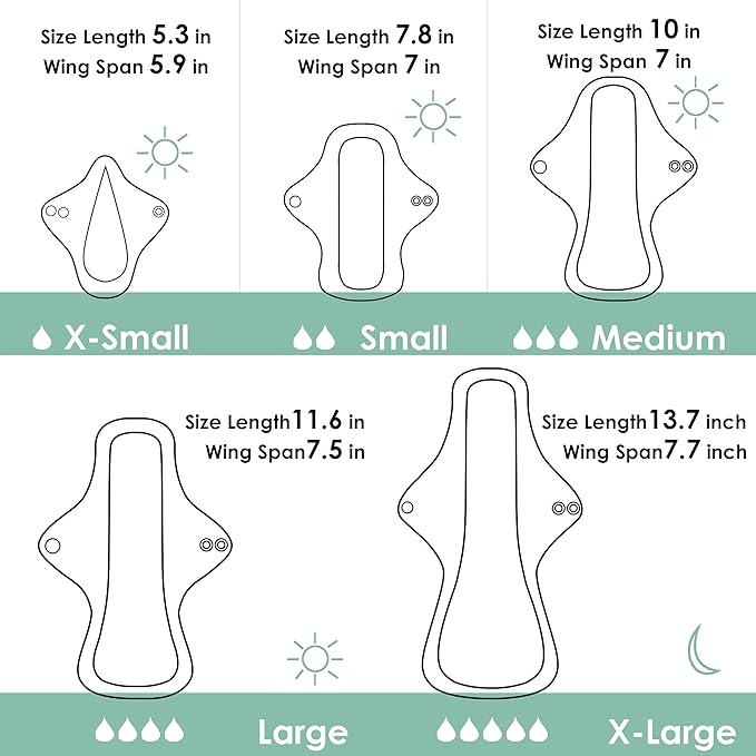 wegreeco 6 Pcs Reusable Menstrual Pads, Ultra Absorbent Cloth Pads for Heavy Flow, Sanitary for Teens, Women, Nonslip, Inner Aqua, Burgundy, Coffe, Rose Gold Outer, XS
