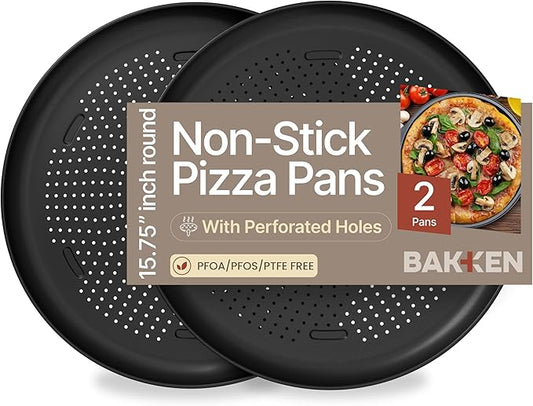 Bakken 16 Inch Non-Stick Pizza Pan 2 Pack, Round Carbon Steel Pizza Tray with Perforated Holes, PFOA, PFOS, & PTFE-Free, Dishwasher & Oven Safe Up To 450°F, Durable Nonstick Coating, Black