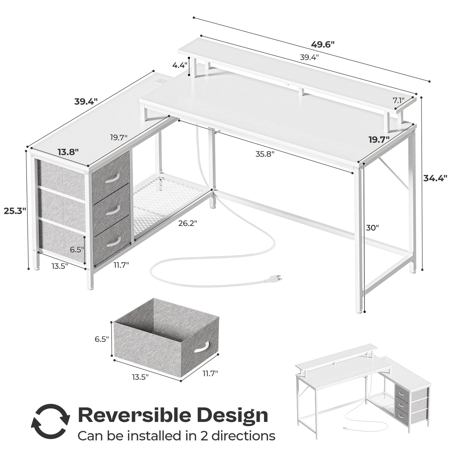 Huuger Reversible L Shaped Computer Desk with Drawers, Gaming Desk with LED Lights and Power Outlets, Office Desk with Storage Shelves, Corner Desk with Monitor Stand, for Home & Office, White