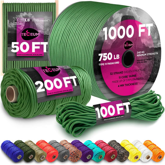 TECEUM Paracord Type IV 750 lb Moss – 50 ft – 4mm – 100% Nylon Strong Tactical MIL–SPEC Parachute Cord – Survival Rope Emergency para Cord 11 Strands Core EDC Camping Hiking Military Gear 331a