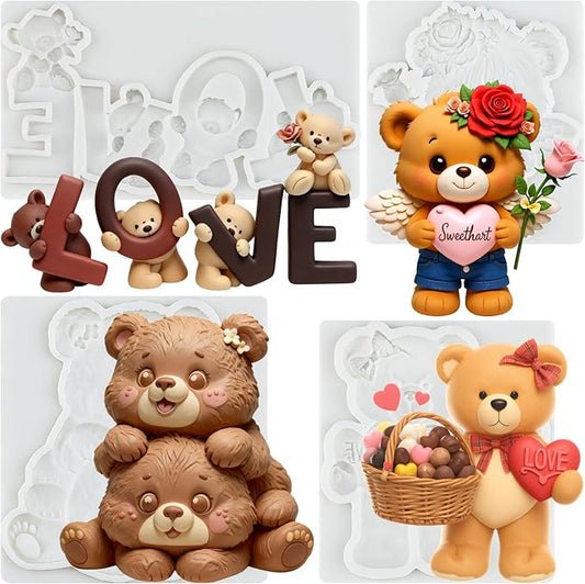 Bear Silicone Fondant Molds Bear Chocolate Candy Mold For Teddy Bears Cake Decoration Wedding Birthday Party Cupcake Topper Polymer Clay Gum Paste Set of 4