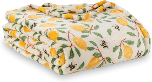 Berkshire Blanket-Classic Heavyweight Soft Printed VelvetLoft® Plush Blanket, Full/Queen Size Soft Fuzzy Warm Blanket for Couch Sofa Bed, Lemons and Bees Yellow, 90in x 90in