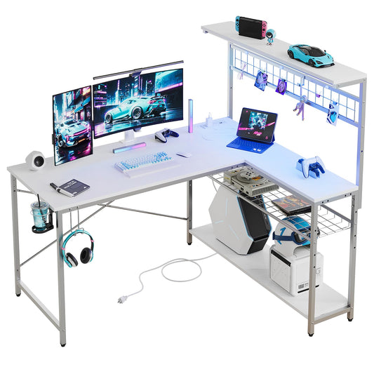 Bestier Gaming Desk 51" L-Shaped, with Power Outlets & LED Lights- 4 Tier Shelves, Reversible Gamer Table with Hooks & Cup Holder for Home Office,Carbon Fiber White