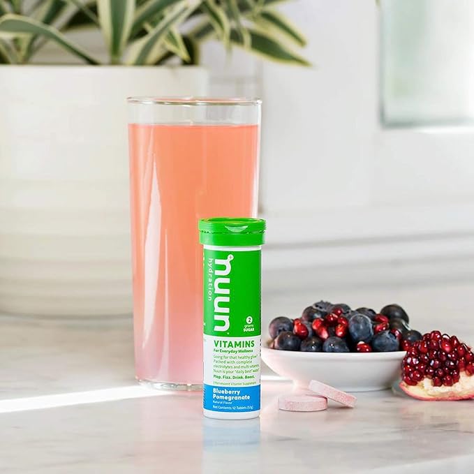 Nuun Vitamins Electrolyte Tablets with Vitamin D, C, E, A, & B6, Folic Acid, Magnesium & 4 Other Essential Electrolytes, Gluten Free & Vegan, Blueberry Pomegranate, 8 Pack (96 Servings Total)