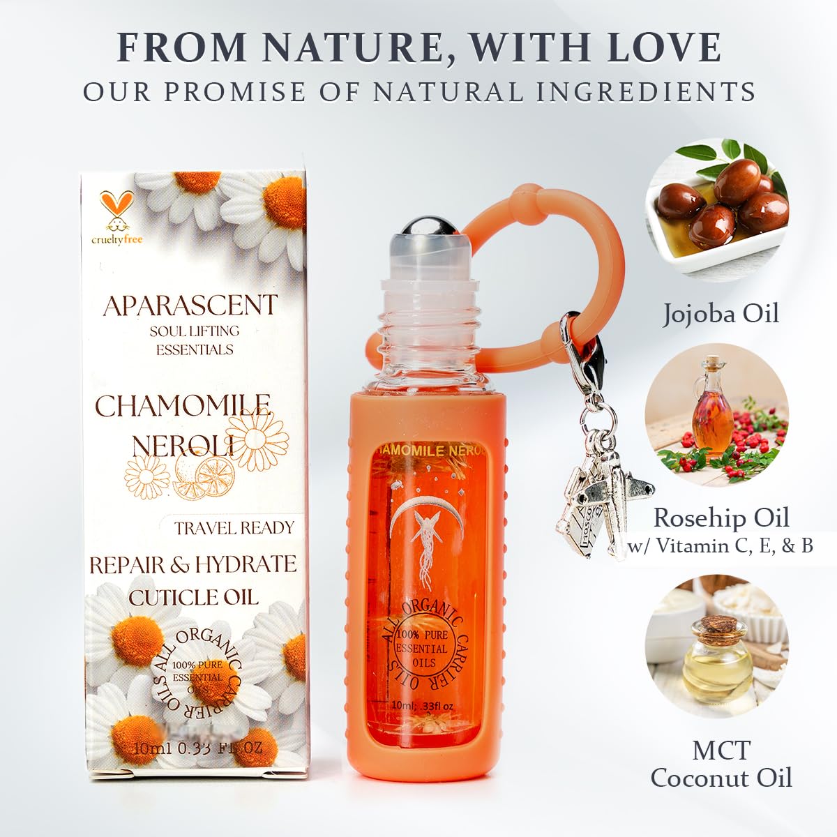 Chamomile Neroli Organic Nail Cuticle Oil Pen with Jojoba, Coconut MCT, and Rosehip for Nail Hydration, Growth & Strength, Travel Size Keychain(0.34 Fl Oz)