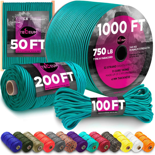 TECEUM Paracord Type IV 750 lb Green Wave – 50 ft – 4mm – 100% Nylon Strong Tactical MIL–SPEC Parachute Cord – Survival Rope Emergency para Cord 11 Strands Core EDC Camping Hiking Military Gear 460a
