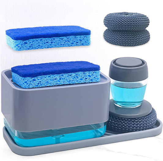 Dish Soap Dispenser with Sponge Holder for Kitchen Sink -4 in 1 Countertop Washing Up Liquid Dispenser-Dishwashing Soap Pump Dispenser for Kitchen Countertop