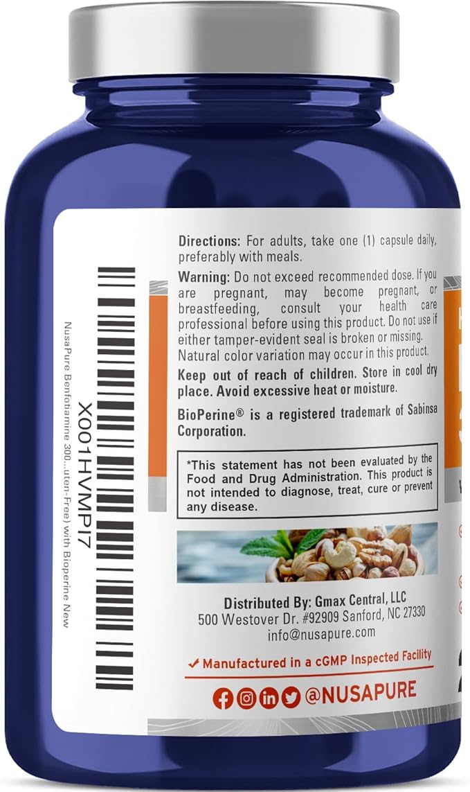 NusaPure Benfotiamine 300mg Per Veggie Caps 220 Count (Non-GMO, Vegan, Gluten-Free) Bioperine