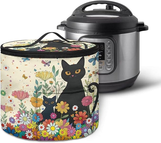 Black Cat Electric Pressure Cooker Insulation Bag Hippie Flower Insulation Electric Cooker Storage Handbag for Housewarming