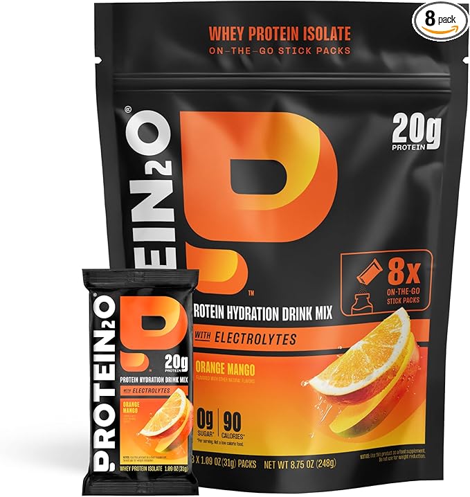 Protein2o 20g Whey Protein Isolate Clear Protein Powder, 370mg of Electrolytes, Vitamins B5 & B6, Sugar Free, Orange Mango, 8-Pack