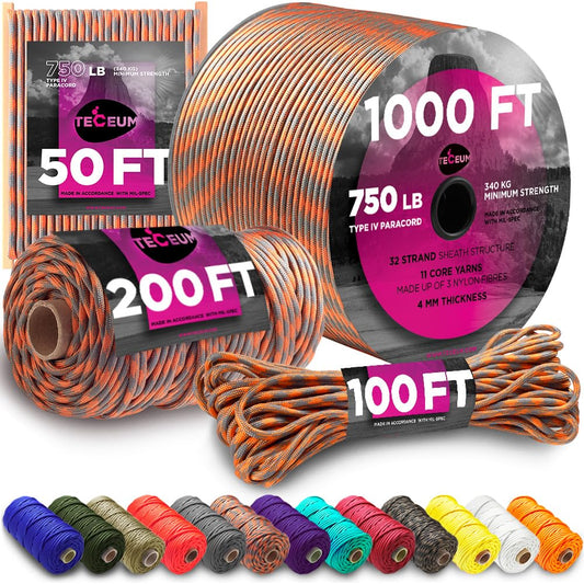 TECEUM Paracord Type IV 750 lb Hunting Season – 50 ft – 100% Nylon Strong Tactical MIL–SPEC Parachute Cord – Survival Rope Emergency para Cord 11 Strands Core EDC Camping Hiking Military Gear 150a n