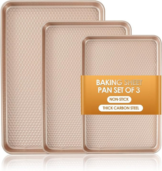 Baking Sheet Pan Set of 3, Nonstick Carbon Steel Cookie Sheets with Texture, Commercial Half/Quarter/Jelly Roll Pans Replacement Toaster Oven Tray, Heavy Duty & Easy Clean, Rose Gold