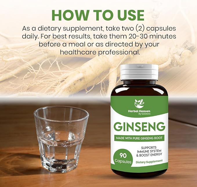 Herbal Heaven Natural Energy and Focus Ginseng Capsules 90 Count for Vitality and Wellness - 100% Herbal Formula