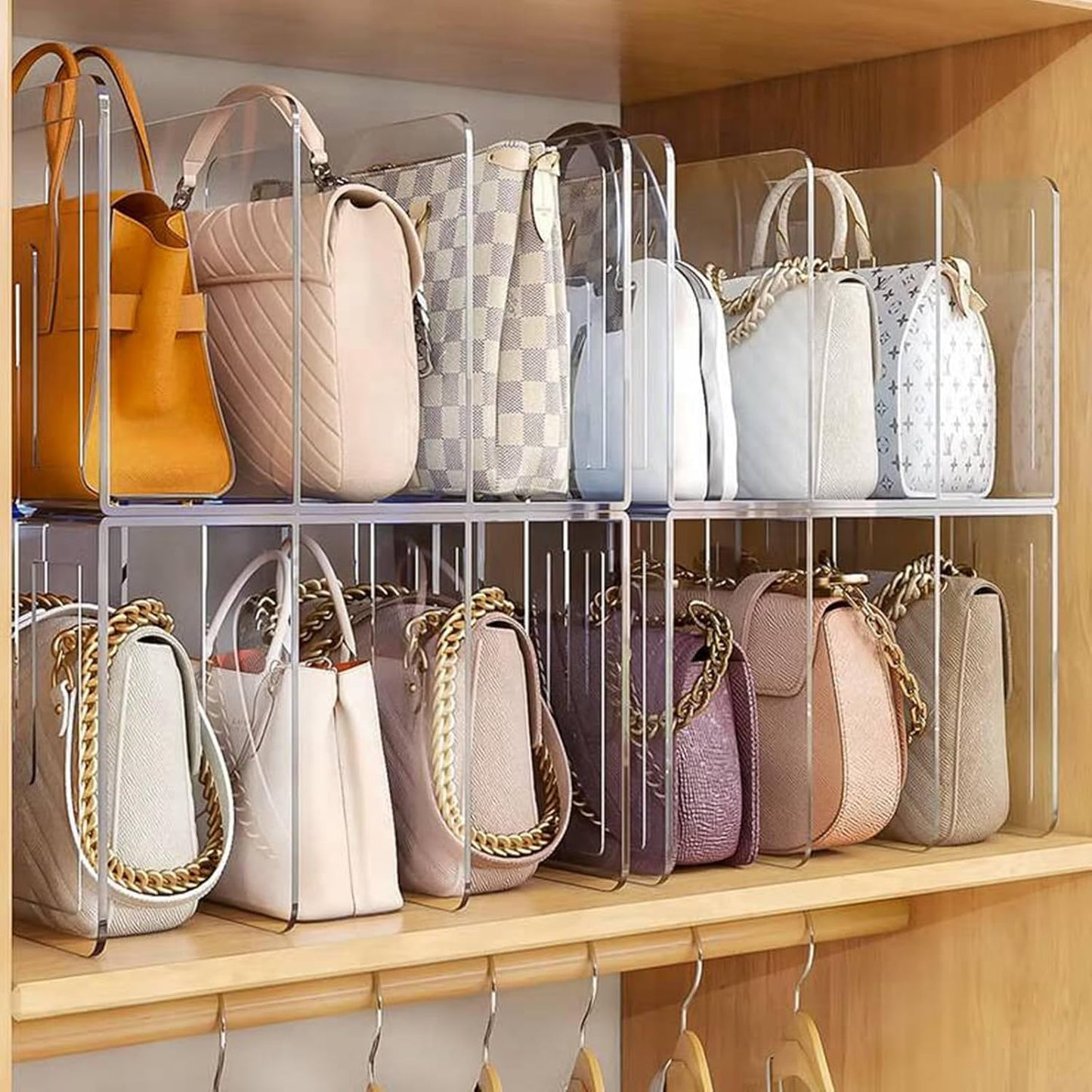 4PCS 3 Sections (Wide 4.2inch) Wallet Organizer for Closet, Handbag Storage, Bookshelves, Bag Organizer, Acrylic Desktop File Organizer, Desktop Accessories Organizer (Clear)