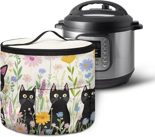 Black Cat Electric Pressure Cooker Storage Bag Wildflower Kitchen Appliance Protective Pressure Cooker Insulation Bag for Women