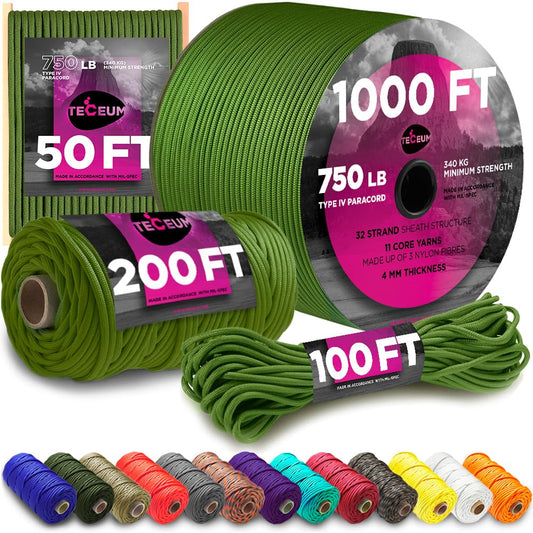 TECEUM Paracord Type IV 750 lb Green Pepper – 50 ft – 4mm – 100% Nylon Strong Tactical MIL–SPEC Parachute Cord – Survival Rope Emergency Para Cord 11 Strands Core EDC Camping Hiking Military Gear 354a