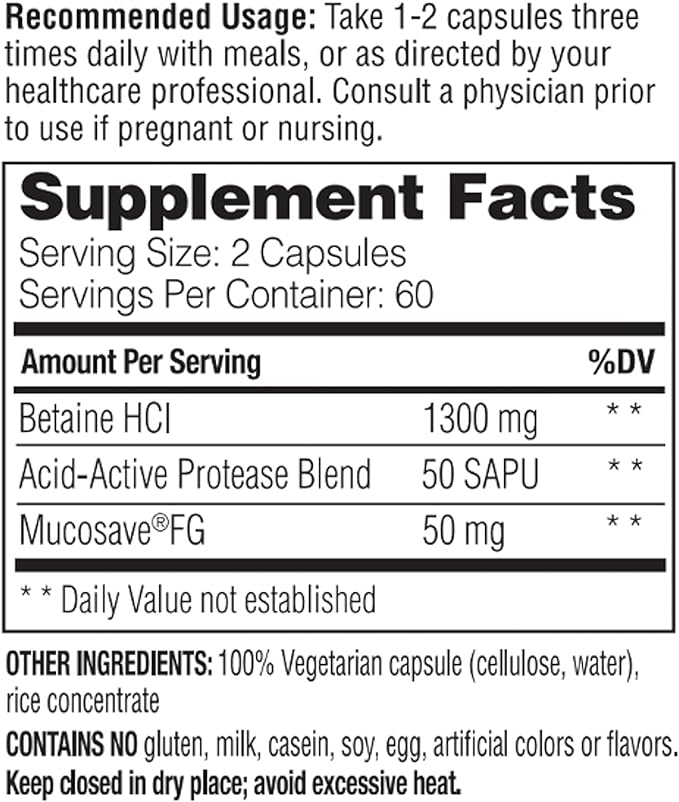 Enzymedica, Betaine HCl, Occasional Heartburn and Indigestion Support, 120 Capsules