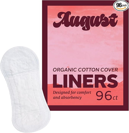 August Organic Panty Liners for Women and Anyone Who Menstruates, Made with Organic Cotton, HSA FSA Eligible 96 Daily Liners, Toxin & Fragrance Free, Hypoallergenic Cotton (6 Boxes of 16)