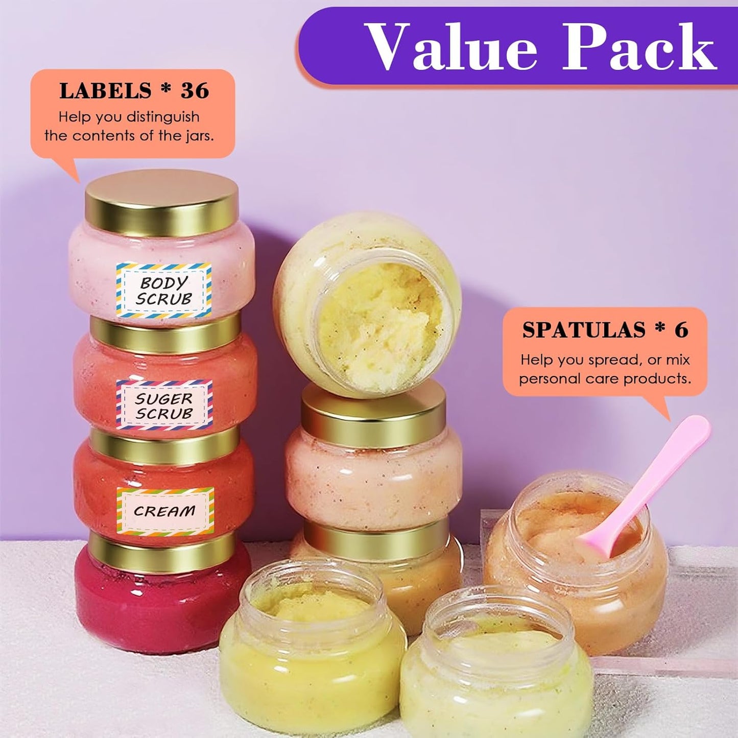 36 Pack 5 oz Plastic Cosmetic Containers With Lids Refillable Clear Empty Travle Jars Containers for Body Butter,Sugar Scrubs,Cream,Lotions,Candy, Waterproof Label&Spatulas - (Black Lid)