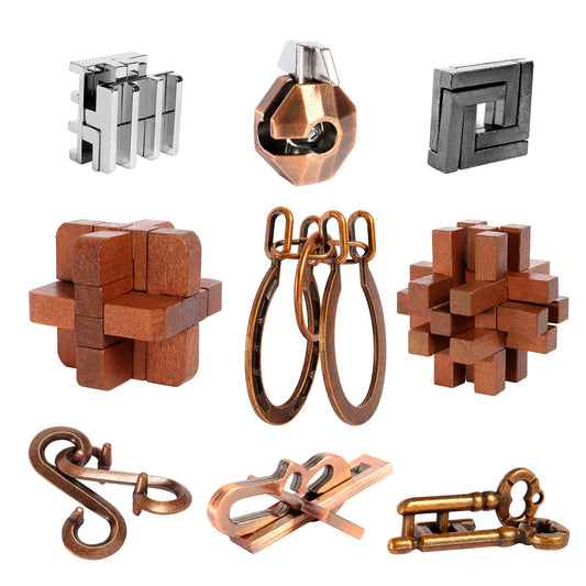 ActPo 9pcs Puzzles Bulk Gift for Kids, Teens, and Adults Retro Wooden and Metal Unlock Interlock Brain Teaser Toys.