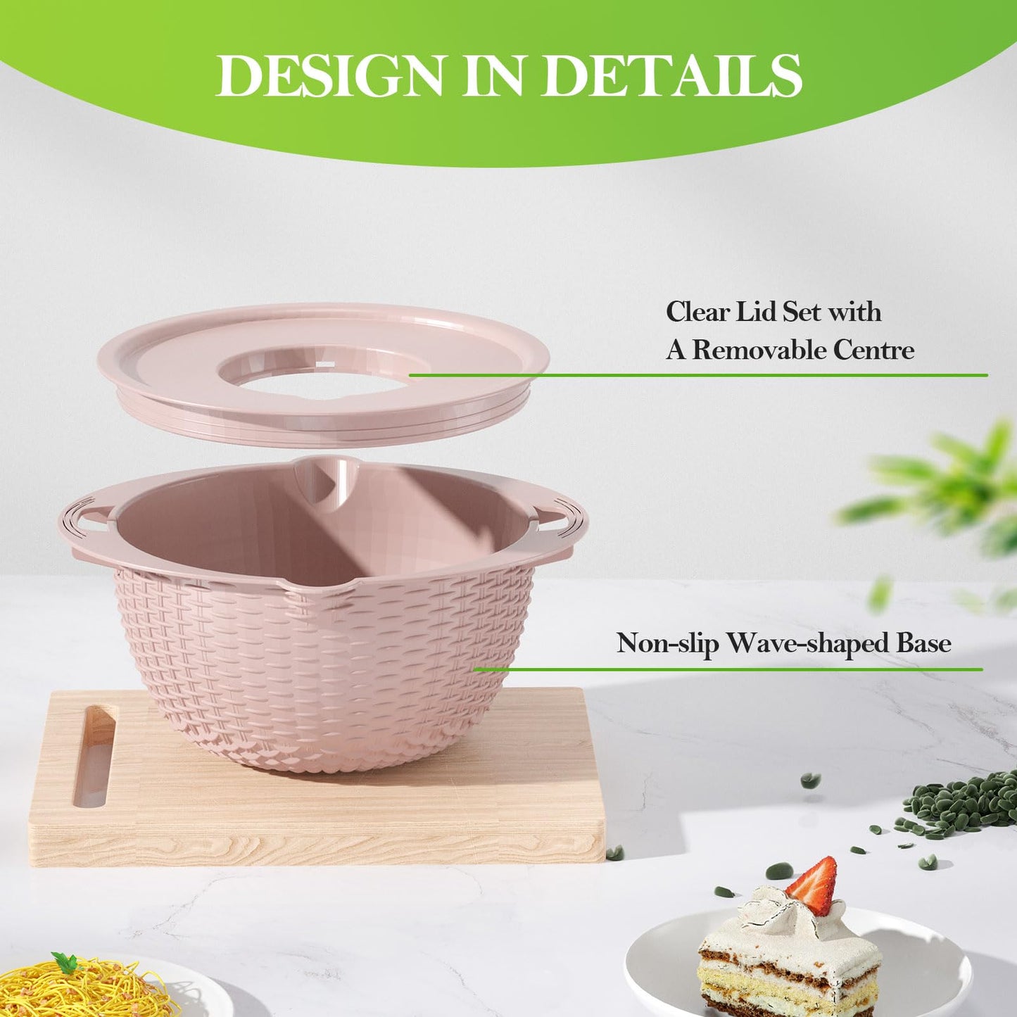 4-1 Strainer Bowl with Lid Set - Strainers and Colanders, Colander for Kitchen, Pasta Strainer, Fruit Cleaner, Veggie Wash, Funny Kitchen Present, Fruit Washing Bowl, Cooking Present for Women - Pink