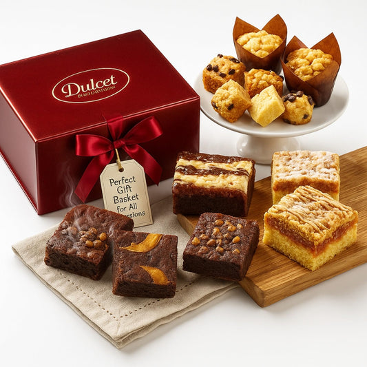 Dulcet Gift Basket – Premium Freshly Gourmet Baked Goods – Gift Basket for All Types of Special Occassions - Assorted Variety of Tastes with Delicious Brownies, Crumb Cakes Rugelah, and Muffins.