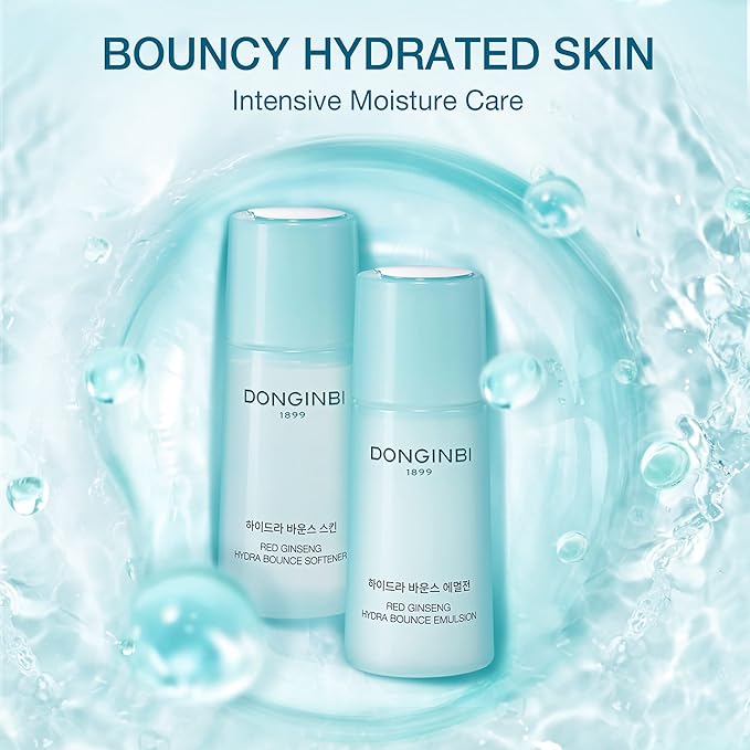 Donginbi Red Ginseng Hydra Bounce Cream Fresh Travel Kit - Hydrating Toner with Hyaluron Acid, Soothing & Firming Cream, Red Ginseng Essence, Korean Skin Care Set Gifts for Women