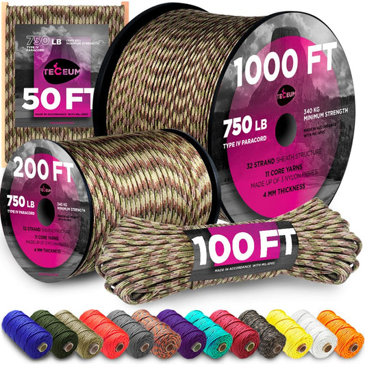TECEUM Paracord Type IV 750 lb Camo – 50 ft – 4mm – 100% Nylon Strong Tactical MIL–SPEC Parachute Cord – Survival Rope Emergency para Cord 11 Strands Core EDC Camping Hiking Military Gear 788a