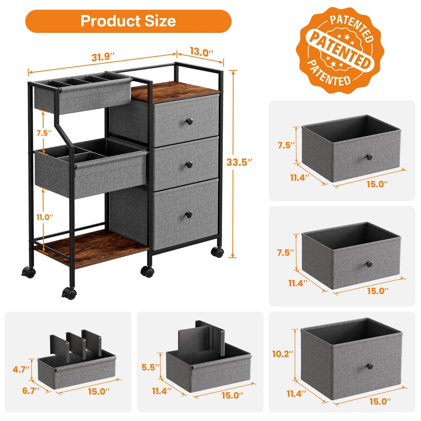 Modanais Baby Diaper Caddy Organizer and Storage - 3 Tier Rolling Cart with Dividers and Drawers, Easy To Assemble, Mobile Utility Cart with Wheels for Nursery, Bedroom, Changing Table & Crib