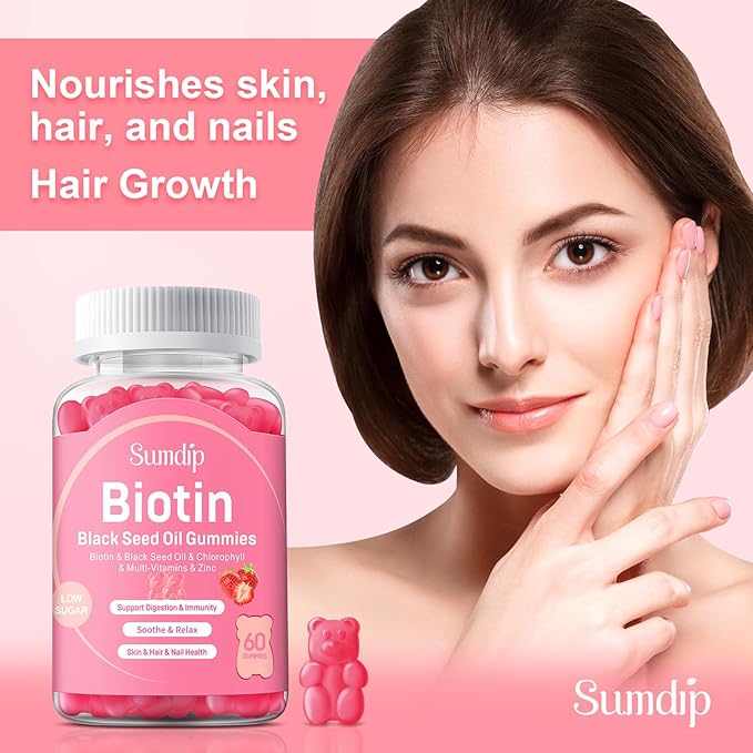 Black Seed Oil Gummies with Biotin, Immune Support Healthy Hair&Skin&Nails for Women and Men, Chlorophyll, Zinc, Vitamin A, B6, B12, C, D, E, Vegan Supplement - 60 Gummies
