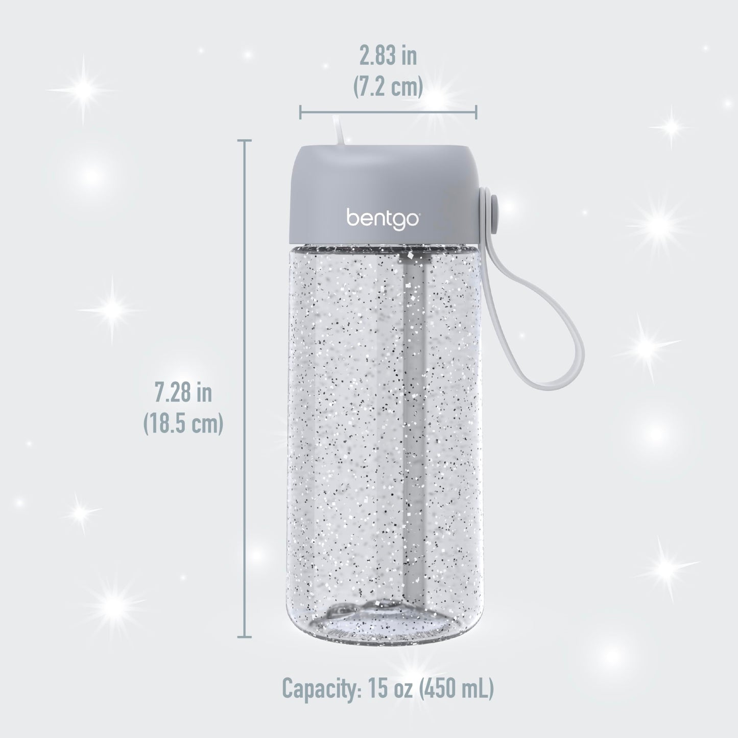 Bentgo Kids Water Bottle - Glitter Design, Leak-Proof, Durable Tritan™ 15 oz Cup for Kids/Toddlers 3+; Flip-Up Straw/Dishwasher Safe for School, Sports, Daycare, Camp (Glitter Edition - Silver)