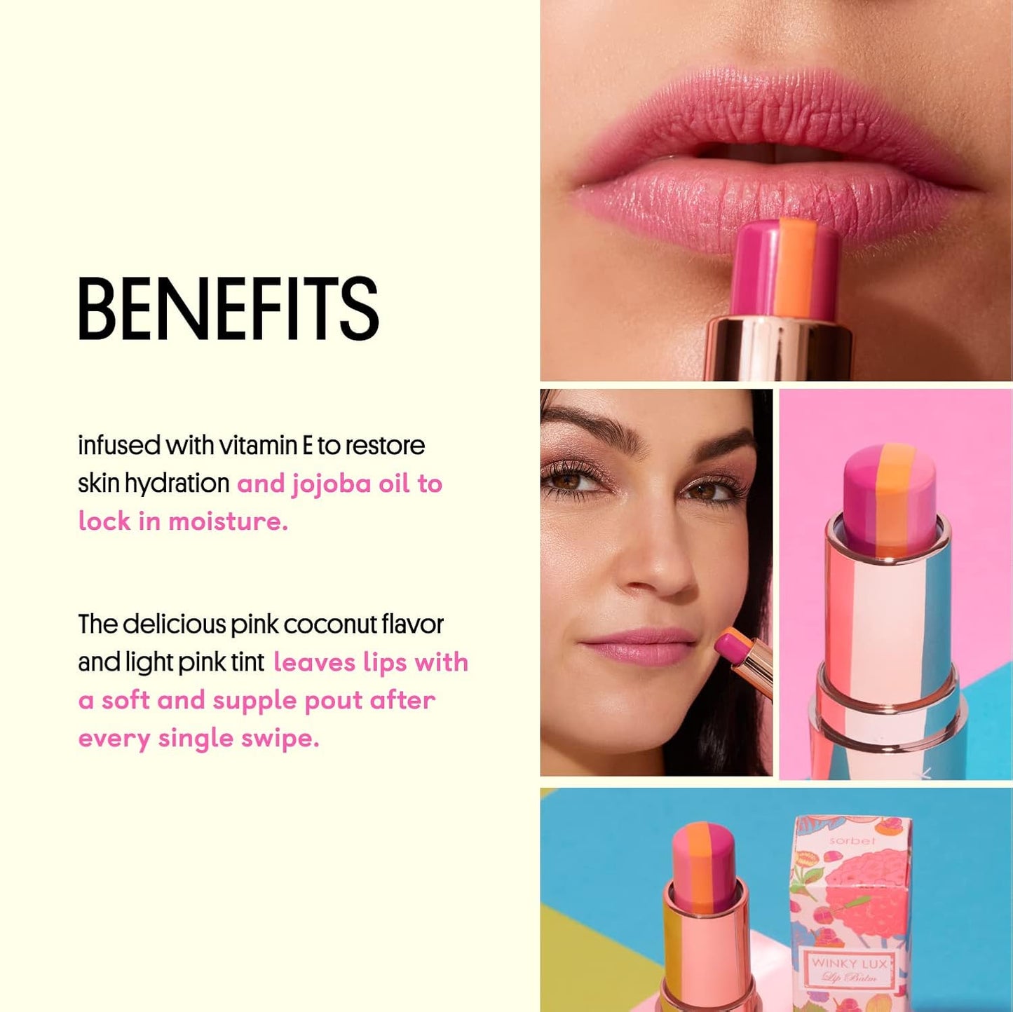 Winky Lux Sorbet Tri-Color Tinted Lip Balm – Hydrating Lip Balm, Sheer Pink Tint, Nourishing Lip Care with Jojoba Oil & Vitamin E, Moisturizes & Softens Dry Lips, Buttery Soft with Pink Coconut Scent